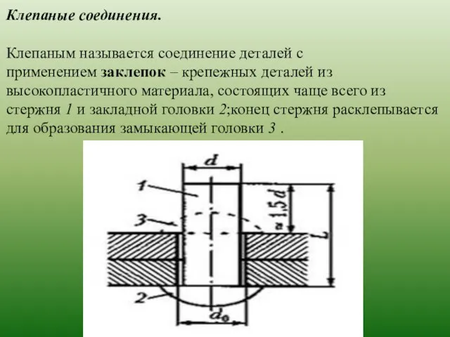 Клепаные соединения. Клепаным называется соединение деталей с применением заклепок – крепежных деталей