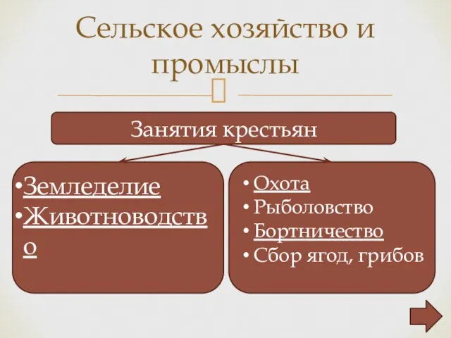 Сельское хозяйство и промыслы Занятия крестьян Земледелие Животноводство Охота Рыболовство Бортничество Сбор ягод, грибов