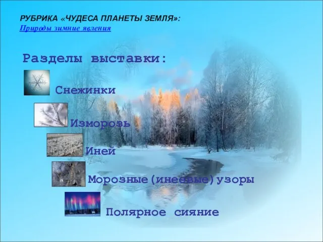 РУБРИКА «ЧУДЕСА ПЛАНЕТЫ ЗЕМЛЯ»: Природы зимние явления Полярное сияние Морозные(инеевые)узоры Изморозь Снежинки Разделы выставки: Иней