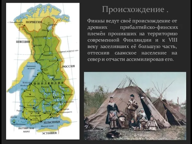 Происхождение . Финны ведут своё происхождение от древних прибалтийско-финских племён проникших на