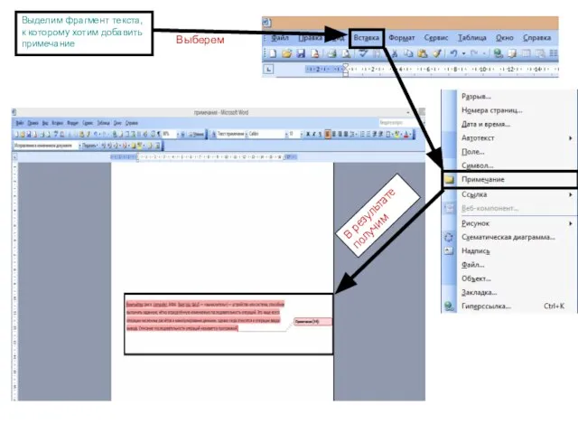 В результате получим Выделим фрагмент текста, к которому хотим добавить примечание Выберем