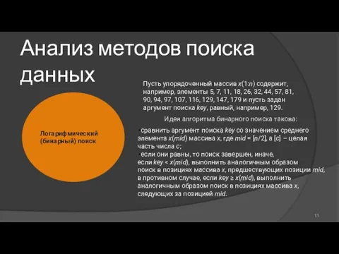 Анализ методов поиска данных Логарифмический (бинарный) поиск Пусть упорядоченный массив x(1:n) содержит,