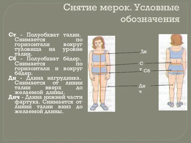 Ст - Полуобхват талии. Снимается по горизонтали вокруг туловища на уровне талии.