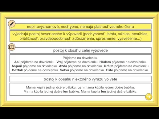 neplnovýznamové, neohybné, nemajú platnosť vetného člena vyjadrujú postoj hovoriaceho k výpovedi (pochybnosť,