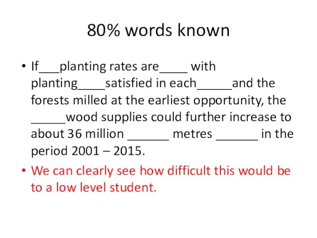 80% words known If___planting rates are____ with planting____satisfied in each_____and the forests