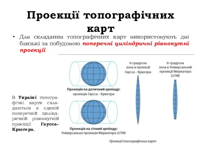 Проекції топографічних карт Для складання топографічних карт використовують дві близькі за побудовою