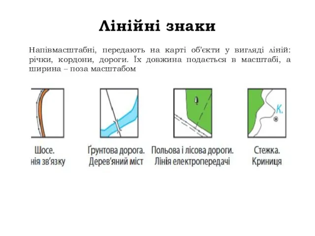 Лінійні знаки Напівмасштабні, передають на карті об’єкти у вигляді ліній: річки, кордони,