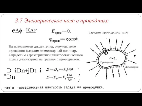 3.7 Электрическое поле в проводнике Диэлектрик Проводник Зарядим проводящее тело На поверхности