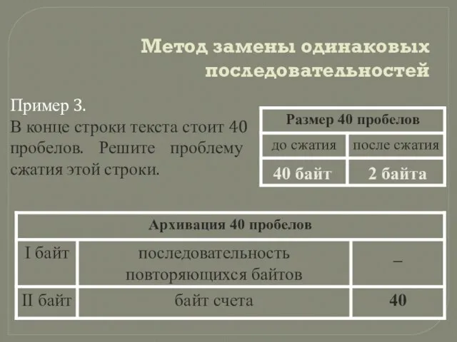 Метод замены одинаковых последовательностей Пример 3. В конце строки текста стоит 40