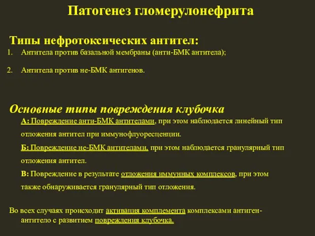 Типы нефротоксических антител: Антитела против базальной мембраны (анти-БМК антитела); Антитела против не-БМК