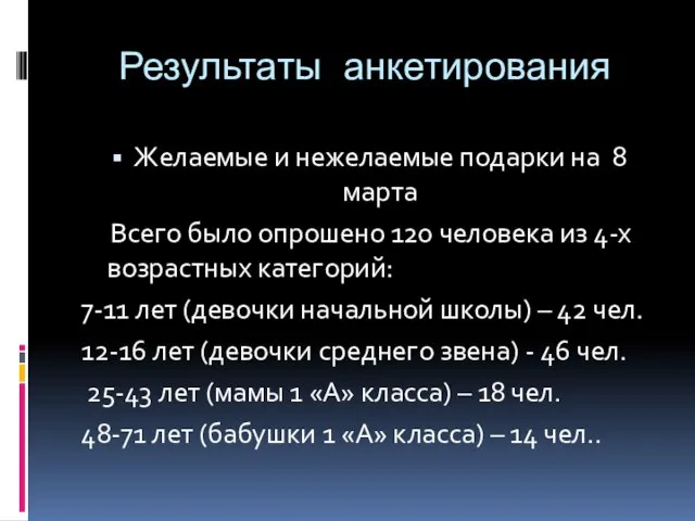 Результаты анкетирования Желаемые и нежелаемые подарки на 8 марта Всего было опрошено