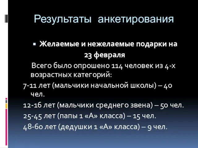 Результаты анкетирования Желаемые и нежелаемые подарки на 23 февраля Всего было опрошено