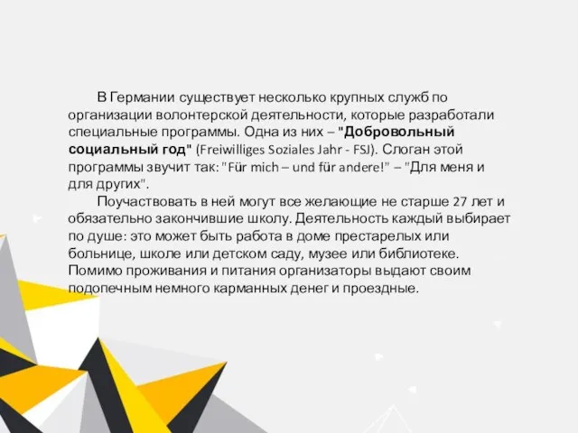 В Германии существует несколько крупных служб по организации волонтерской деятельности, которые разработали