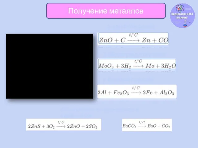 1.карботермия Получение металлов 2.Водородотермия 3.Алюмотермия 4.Получение из сульфидов и карбонатов