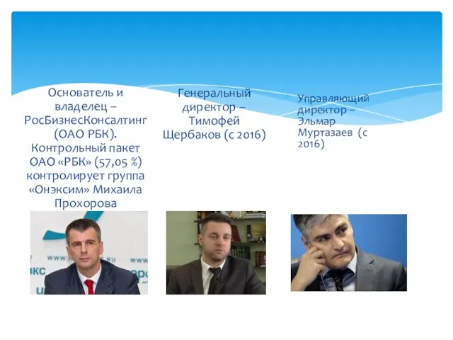 Основатель и владелец – РосБизнесКонсалтинг (ОАО РБК). Контрольный пакет ОАО «РБК» (57,05