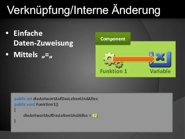 Einfache Daten-Zuweisung Mittels „=„ Component Funktion 1 Variable public int dieAntwortAufDasLebenUndAlles; public