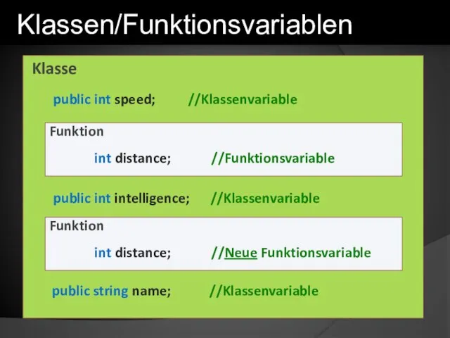 Klasse Funktion public int speed; //Klassenvariable int distance; //Funktionsvariable Funktion int distance;