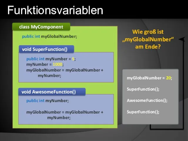 void SuperFunction() class MyComponent public int myGlobalNumber; public int myNumber = 5;