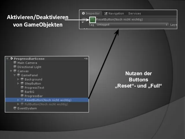 Aktivieren/Deaktivieren von GameObjekten Nutzen der Buttons „Reset“- und „Full“