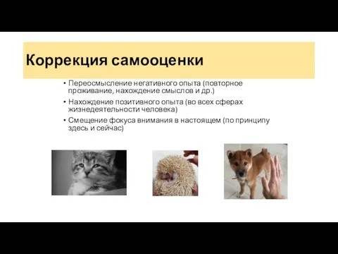 Коррекция самооценки Переосмысление негативного опыта (повторное проживание, нахождение смыслов и др.) Нахождение