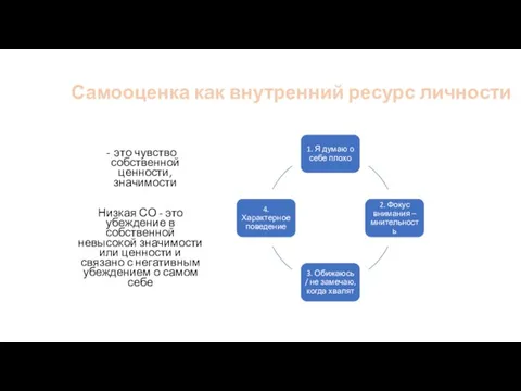 это чувство собственной ценности, значимости Низкая СО - это убеждение в собственной