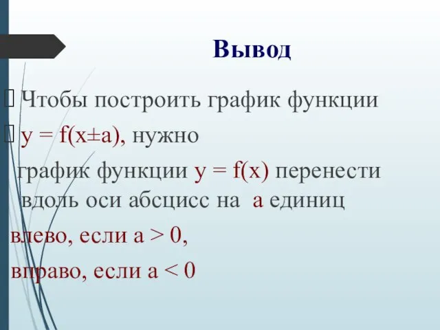 Вывод Чтобы построить график функции у = f(х±а), нужно график функции у