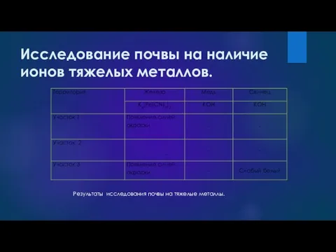 Исследование почвы на наличие ионов тяжелых металлов. Результаты исследования почвы на тяжелые металлы.