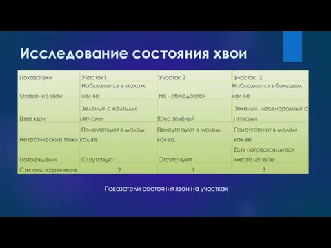 Исследование состояния хвои Показатели состояния хвои на участках