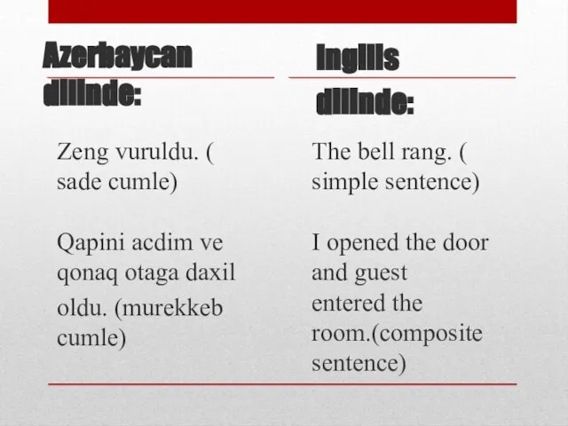 Azerbaycan dilinde: Zeng vuruldu. ( sade cumle) Qapini acdim ve qonaq otaga