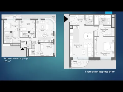 3-комнатная квартира 163 м² 1-комнатная квартира 64 м²