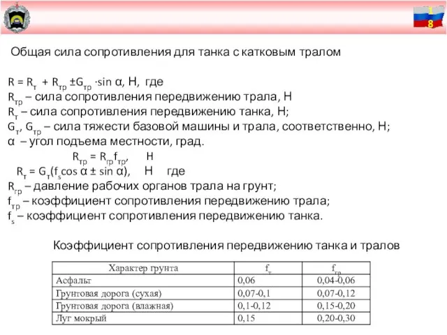 Общая сила сопротивления для танка с катковым тралом R = Rт +