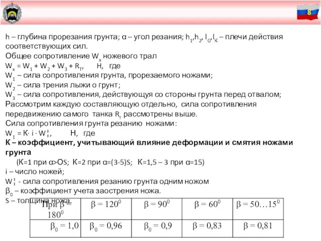 h – глубина прорезания грунта; α – угол резания; h1,h2, lG,lК –