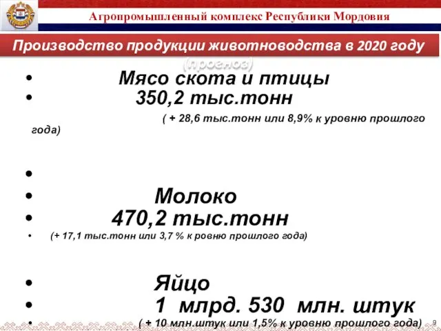 9 Агропромышленный комплекс Республики Мордовия Производство продукции животноводства в 2020 году (прогноз)