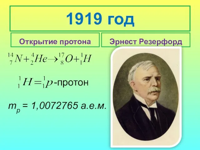 1919 год Открытие протона Эрнест Резерфорд тр = 1,0072765 а.е.м.