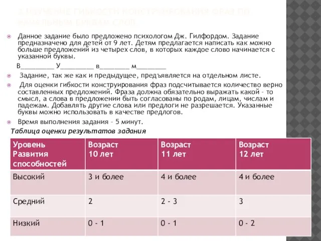 3.ИЗУЧЕНИЕ ГИБКОСТИ КОНСТРУИРОВАНИЯ ФРАЗ ПО НАЧАЛЬНЫМ БУКВАМ СЛОВ. Данное задание было предложено