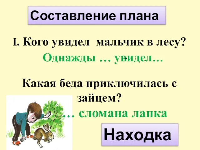 I. Кого увидел мальчик в лесу? . Какая беда приключилась с зайцем?