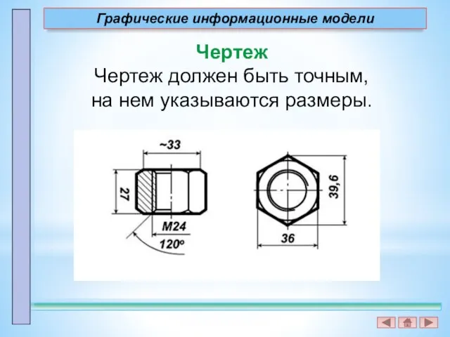 Чертеж Чертеж должен быть точным, на нем указываются размеры. Графические информационные модели