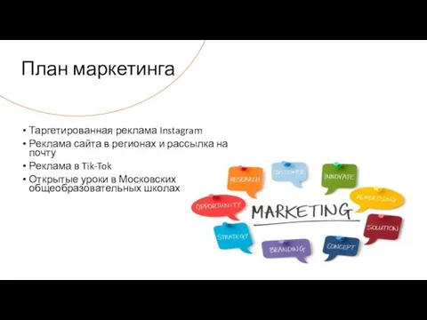 План маркетинга Таргетированная реклама Instagram Реклама сайта в регионах и рассылка на