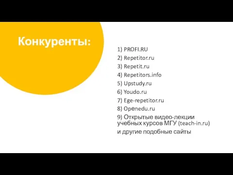 1) PROFI.RU 2) Repetitor.ru 3) Repetit.ru 4) Repetitors.info 5) Upstudy.ru 6) Youdo.ru