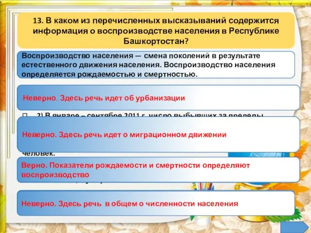 13. В каком из перечисленных высказываний содержится информация о воспроизводстве населения в