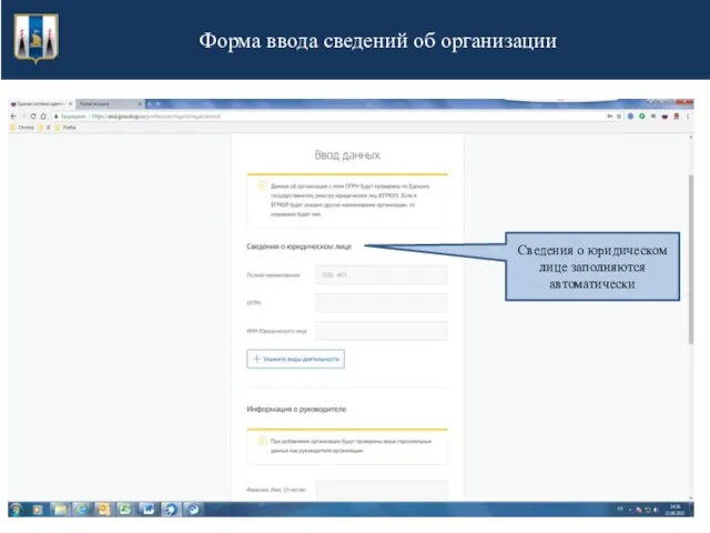 Форма ввода сведений об организации Сведения о юридическом лице заполняются автоматически