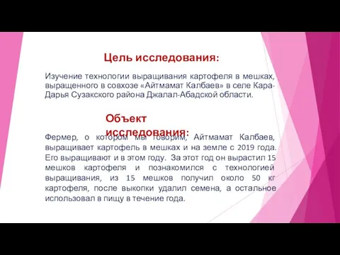 Цель исследования: Изучение технологии выращивания картофеля в мешках, выращенного в совхозе «Айтмамат