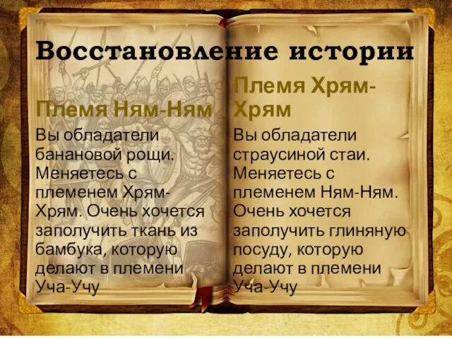 Восстановление истории Племя Ням-Ням Вы обладатели банановой рощи. Меняетесь с племенем Хрям-Хрям.