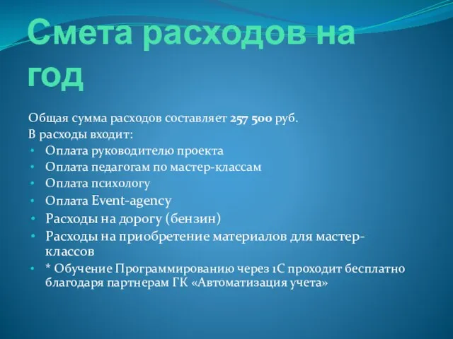 Смета расходов на год Общая сумма расходов составляет 257 500 руб. В