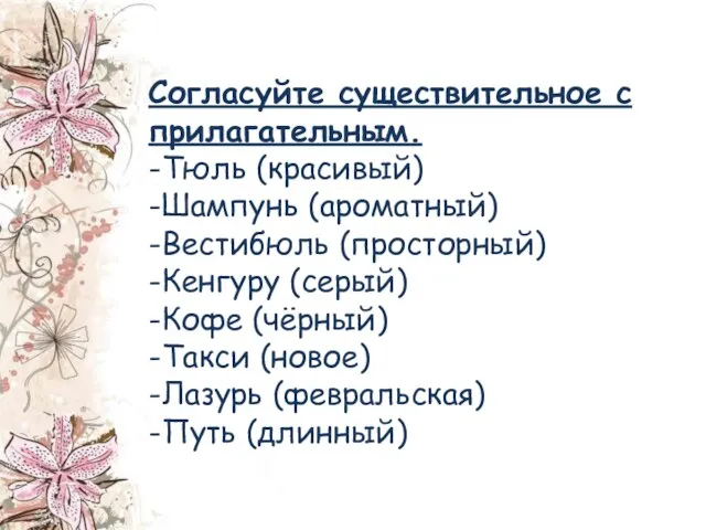 Согласуйте существительное с прилагательным. -Тюль (красивый) -Шампунь (ароматный) -Вестибюль (просторный) -Кенгуру (серый)