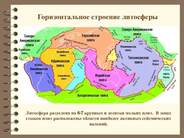 Горизонтальное строение литосферы Литосфера разделена на 6-7 крупных и десятки мелких плит.