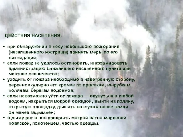 ДЕЙСТВИЯ НАСЕЛЕНИЯ: при обнаружении в лесу небольшого возгорания (незагашенного кострища) принять меры