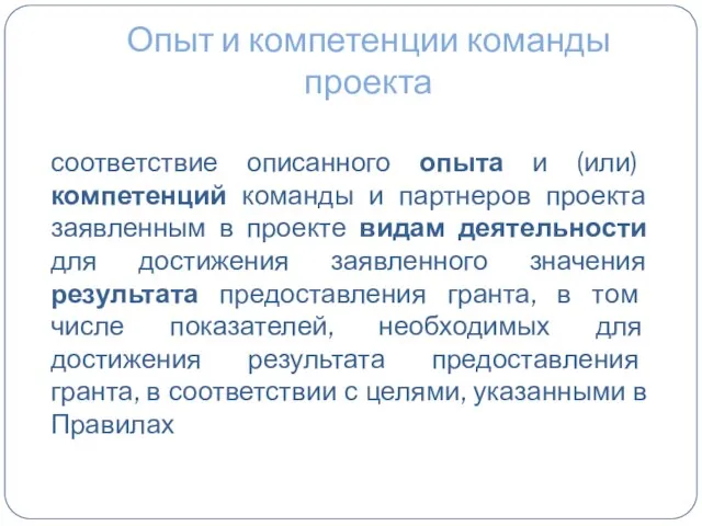 Опыт и компетенции команды проекта соответствие описанного опыта и (или) компетенций команды