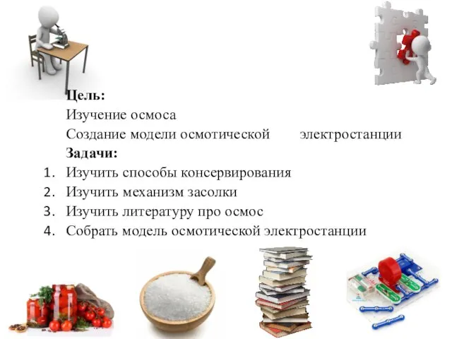 Цель: Изучение осмоса Создание модели осмотической электростанции Задачи: Изучить способы консервирования Изучить