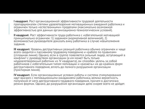 I квадрант. Рост организационной эффективности трудовой деятельности пропорционален степени удовлетворения мотивационных ожиданий